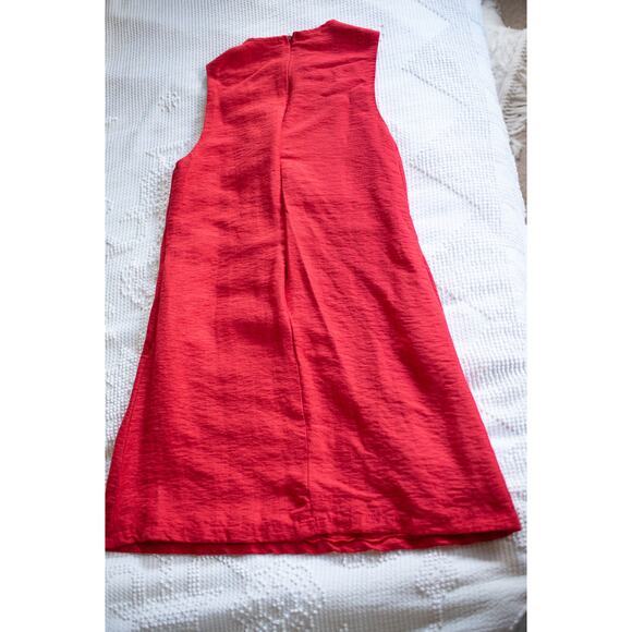 Vintage Mod Mini Dress Barkcloth 70s Sleeveless Red Floral Applique XS Party - Picture 9 of 10